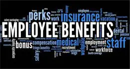 A word cloud of employee benefits related to work.